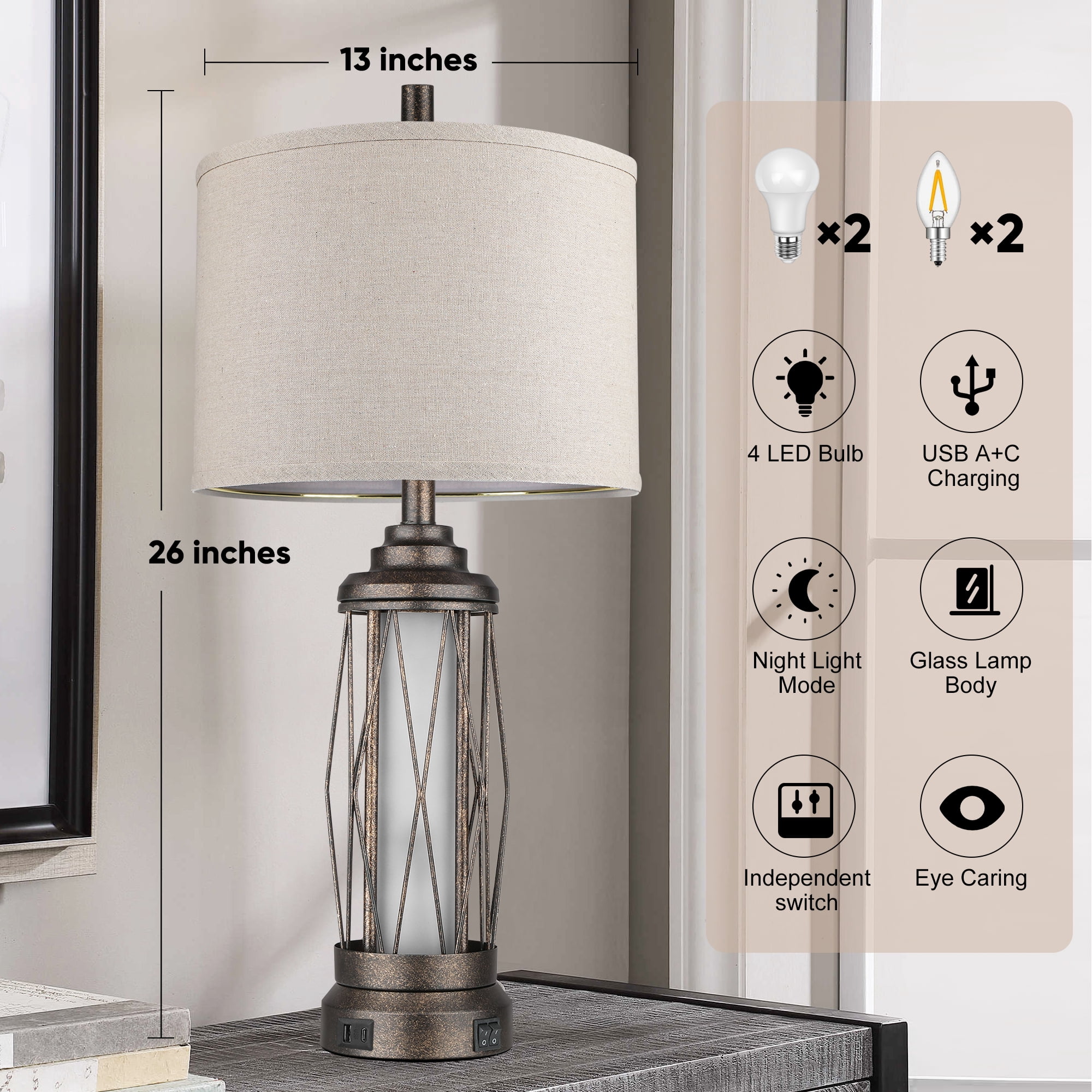 Farmhouse Table Lamps for Living Room, Rustic Nightstand Lamp for Bedroom with USB C+A Charging Ports, Built-in Frosted Glass Night Light for Entryway End Table, 4 Bulbs Included, Bronze