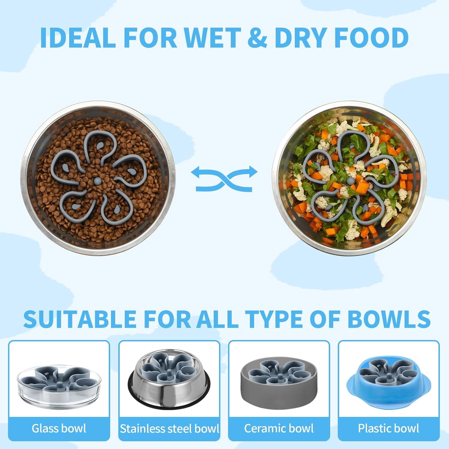 Slow Feeder Dog Bowls Insert,  Soft Silicone Slow Eating Dog Bowl Insert with Suction Cups for Small, Medium and Large Dogs(Grey M)