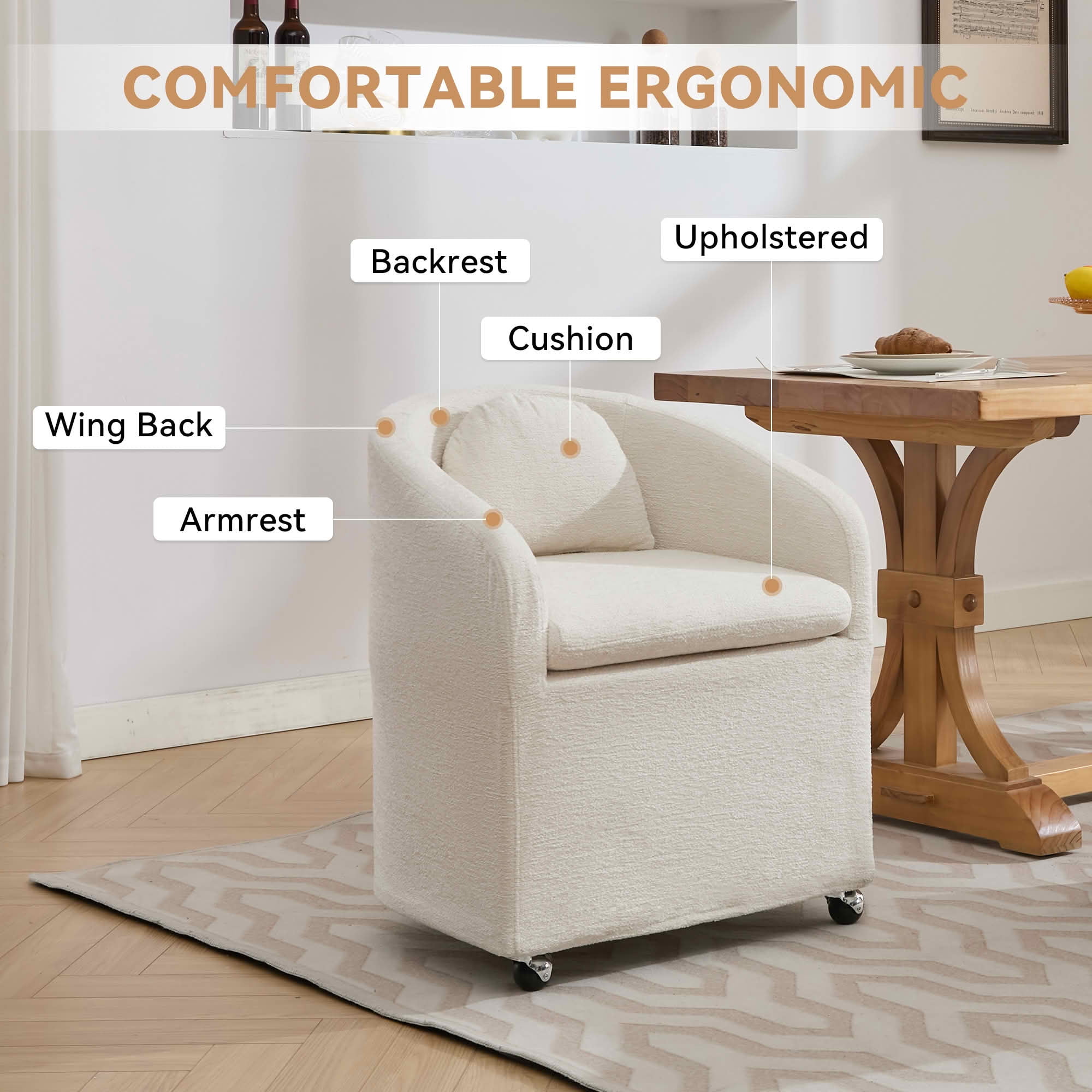 MAYEERTY Set of 1 Chenille Fabric Dining Armchair, with Back Cushion & Universal Wheels, Beige