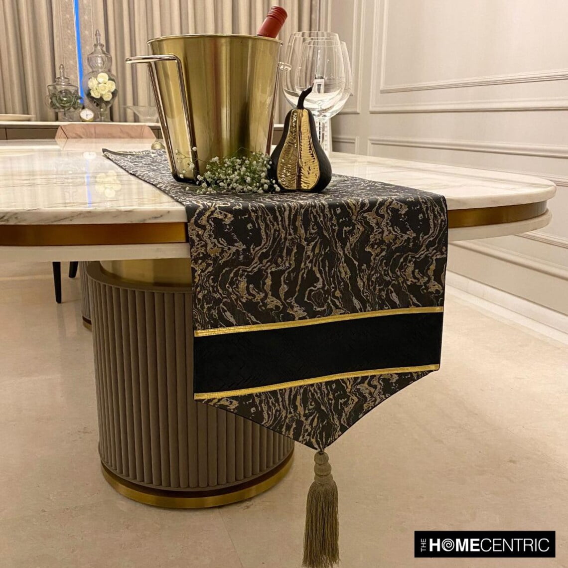 Decorative Black Table Runner 4 Seater Table Runner (14 x 48 inch), Tassles & Marble pattern Table Runner, Leather fabric Table Linen, Abstract Halloween Decorations - Leather Runway