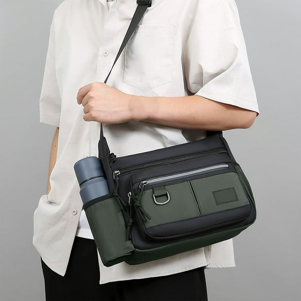 Bolsa cruzada para hombre Gran Capacidad | Bolso de hombro multifuncional con portabotellas de agua | Poliéster | Correa ajustable | Gris, negro, azul, verde | 28x22x10cm | Organizador de Viajes y