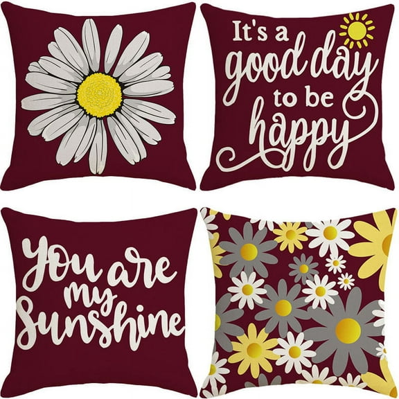 Daisy Flower Red Pillow Covers 18x18 Inch White Petal Floral Bloom Decorative Pillow Cases Spring Summer Seasonal Square Cushion Covers Farmhouse Home Decor for Porch Couch Outdoor