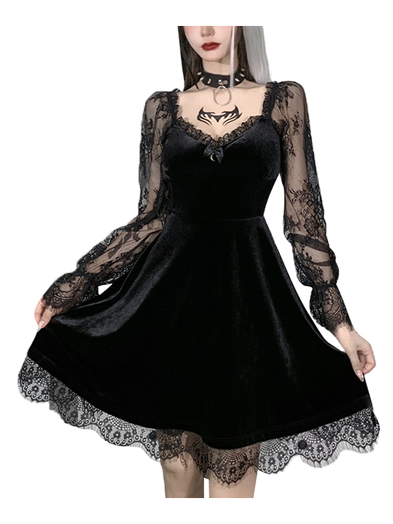 Women Gothic Dresses Black Vintage Grunge Long Dress Lace Punk Goth Dresses -
