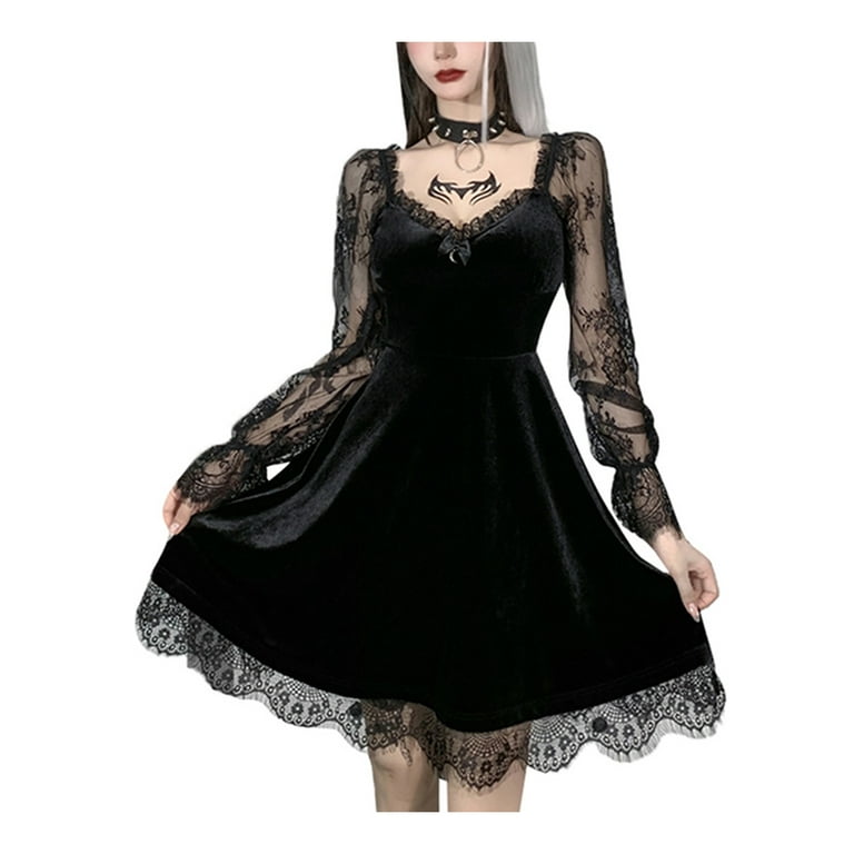 Plus Size Dresses for Women Gothic Vintage Costume Sexy Cold Shoulder Mini  Dress Flared Sleeve Ruffle Goth Club Dress 