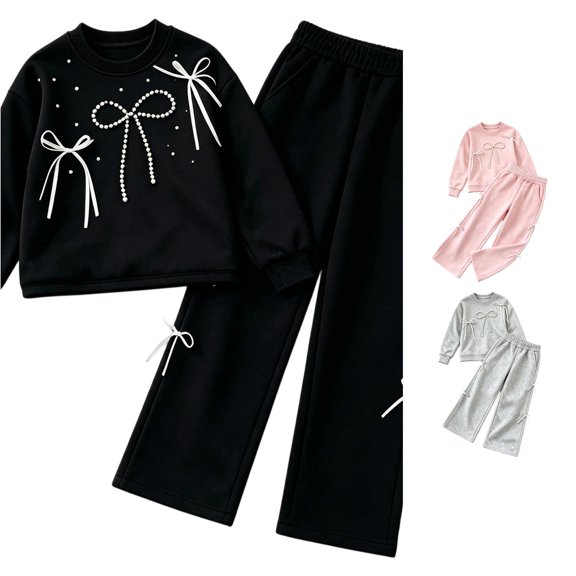 LIIPEE Autumn Winter Outfit Sets For Girls Bow Decorated Long Sleeve Pullover Sweatshirts And Sweatpants 2 Piece Set Kids Casual Comfortable Cute Outfits,4-5 Years