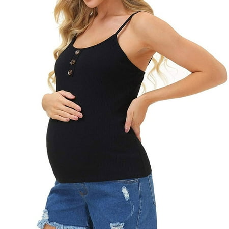 

Juebong Big Holiday Savings Maternity O-Neck Solid Sling Buttons Vest Pregnant Woman Casual Blouse