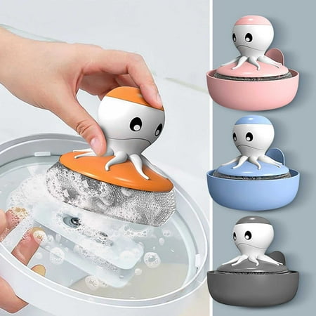 

Washranp Wall Mountable Dish Brush Smooth Edge Punch-free Anti-scratch Cartoon Octopus Shape Wire Ball Brush for Cleaning Scrubber Kitchen Tool