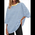 thumbnail image 1 of Camisetas de Rayas de Gran Tamaño para Mujer, Blusas Holgadas de Cuello Redondo y Corta, Blusa Informal de Verano Y2K 2025, Camiseta Básica Azul L, 1 of 9