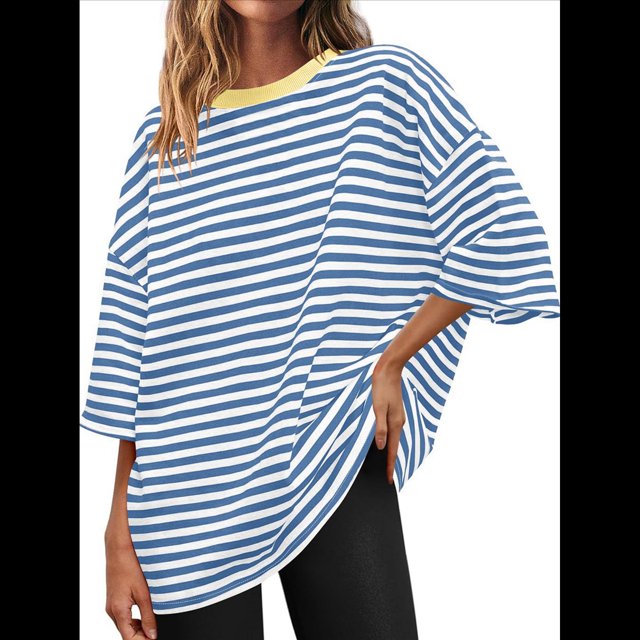 Camisetas de Rayas de Gran Tamaño para Mujer, Blusas Holgadas de Cuello Redondo y Corta, Blusa Informal de Verano Y2K 2025, Camiseta Básica Azul L