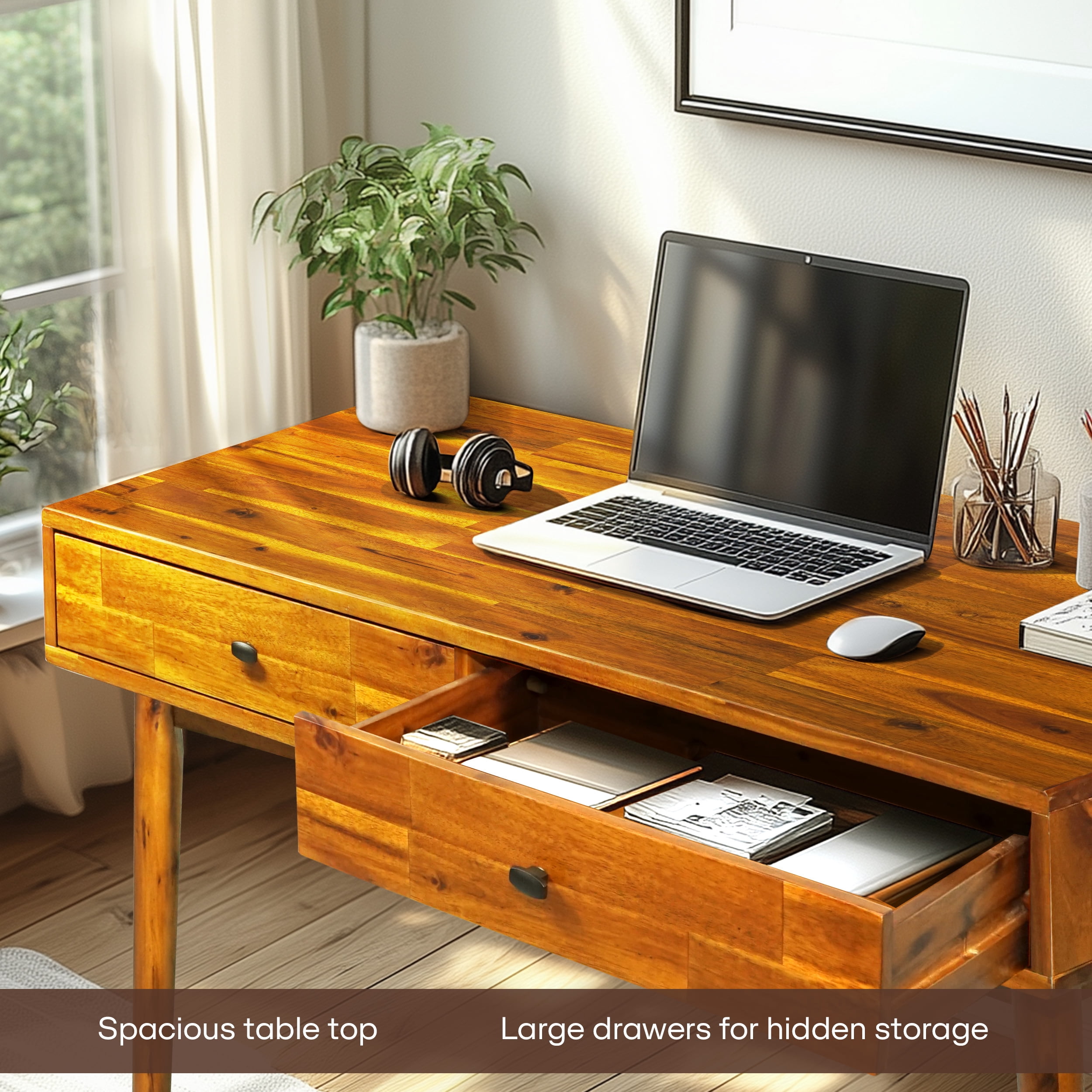 Acacia Lagom 48" Solid Wood Work Desk with Drawers Office Desk for Home Office, Caramel