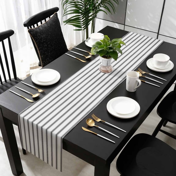 Black Striped Cotton Linen Table Runner 13 x 90 inch Black White Stripes Farmhouse Non-slip Rectangular Dining Table Decor for Wedding Party Holiday Dinner