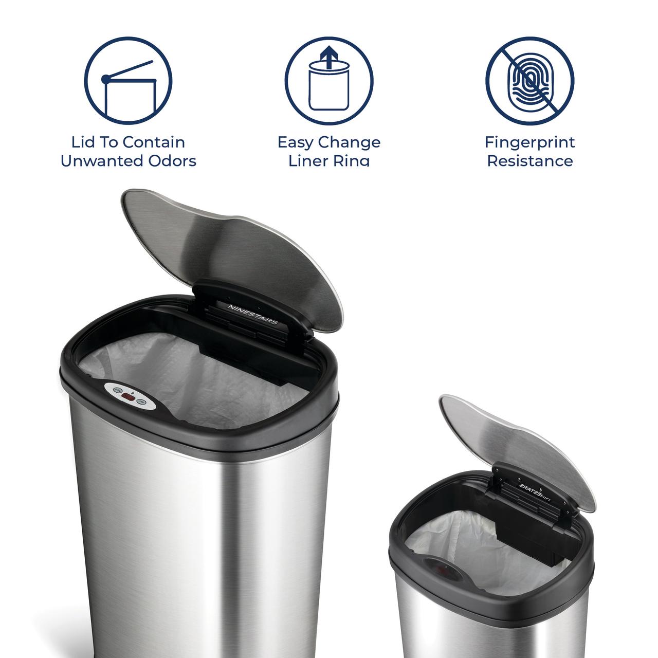 Nine Stars Automatic Kitchen Trash Can Combo, 13.2 and 3.2 Gallon Stainless Steel Motion Sensor Garbage Bin with Soft Close Lid, Silver