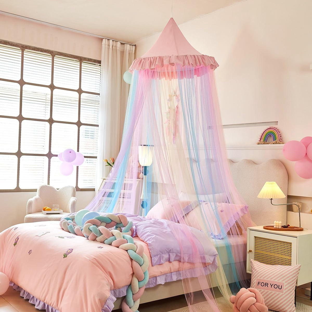 Rainbow Bed Canopy for Girls Dreamy Mosquito Net for Bed Round Dome Princess Bed Canopy Girl Room Play Tent Kids Canopy Bed Netting Curtains (Single Layer- Pink)