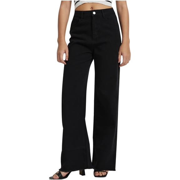 Ladies Mid Waist Rise Flared Leg Straight Leg Stretch Denim Pants Women's Classic Black Business Hem Trousers