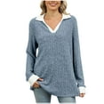 thumbnail image 2 of DAFPZW Women's Contrast Collared Shirts Casual Long Sleeve Ribbed Fall Tops Lightweight Tunic Sweaters, 2 of 7
