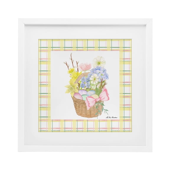 Spring Basket on Plaid White Framed Print Under Glass, design by Lee Ann Sanders