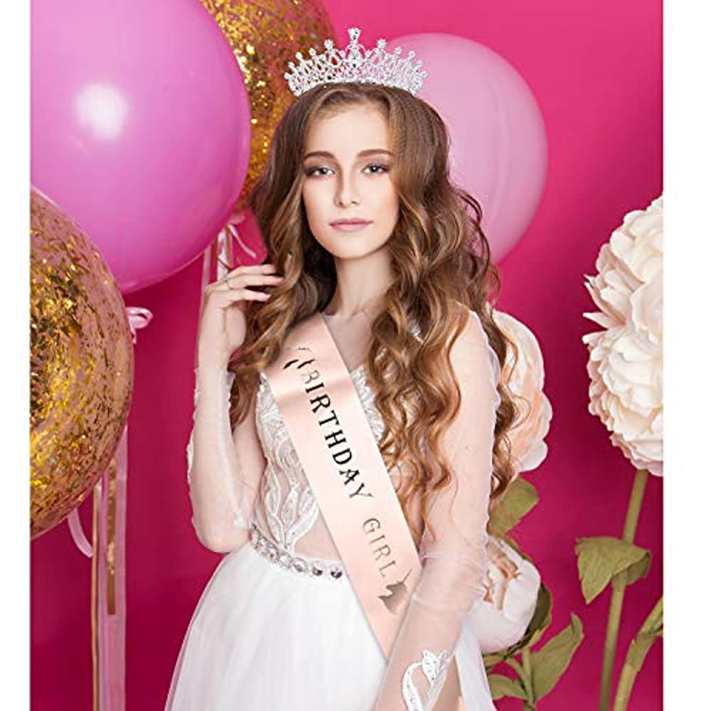 Details about   Women Birthday Accessories Girl's Shoulder Sash Crystal Crown Party Headband Set 