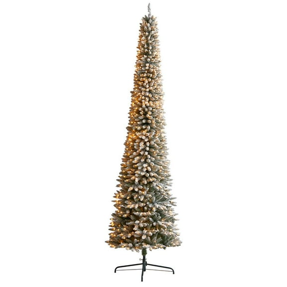 Nearly Natural Flocked Pencil Artificial Christmas Tree with 850 Clear Lights