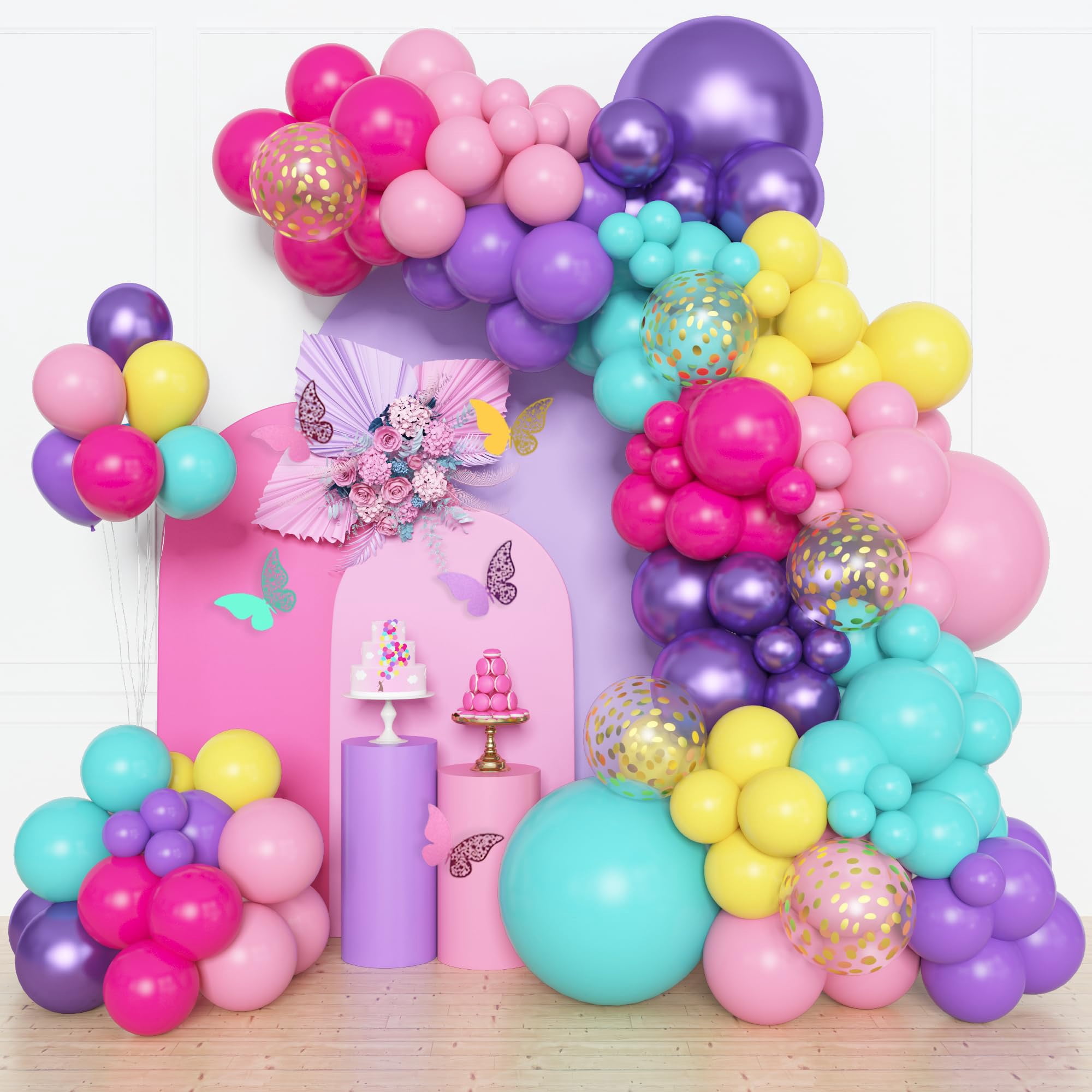 Party Balloon Garland Arch Kit, 153 Pieces In 18,12,10,5 Inch Sizes, Latex, Metallic, Confetti Balloons For Birthday, Engagement, Shower, Graduation Event, Purple, Blue, Pink, Teal, Yellow