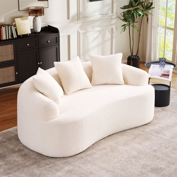 Timbernest 65" Cloud Couch 2 Seater Curved Compressed Sofa Chenille Loveseat, Small Space, 2 Throw Pillows, White