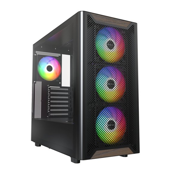 Gabinete gamer para PC Montech XR Wood negro con madera de nogal y ventiladores ARGB