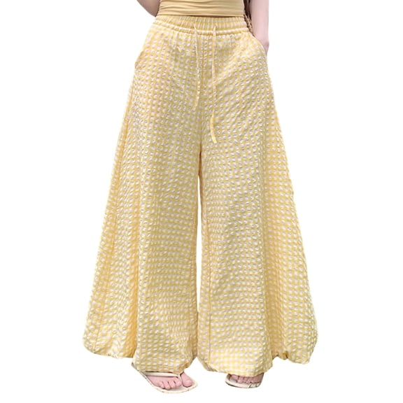 SAWOBUUN Womens Gingham Wide Leg Pants High Waisted Elastic Waist Drawstring Plaid Palazzo Trousers Casual Loose Lantern Pants with Pockets