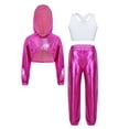 thumbnail image 4 of Hansber Kids Girls Modern Street Hip Hop Jazz Dance Outfits Long Sleeve Metallic Hoodie Crop Top and Pants Set Hot Pink 14, 4 of 7