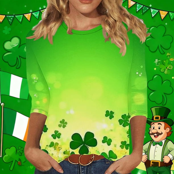 RKSTN 3/4 Length Sleeve Womens Tops Oversized Crewneck St Patricks Day Lucky Shamrocks Graphic Print T Shirt Womens Casual Plus Size Round Neck Loose Irish Festivities Three Quarter Sleeve Shirt