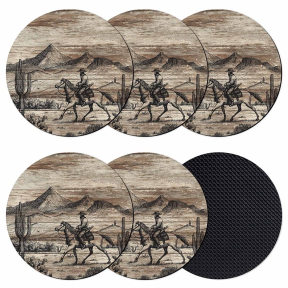 Brown Western Farmhouse Coasters Set of 6, Absorbent Coasters for Drinks, Vintage Cowboys Cactus Coaster for Desk Coffee Table Protection, Home Decor House Warming Gifts 4"