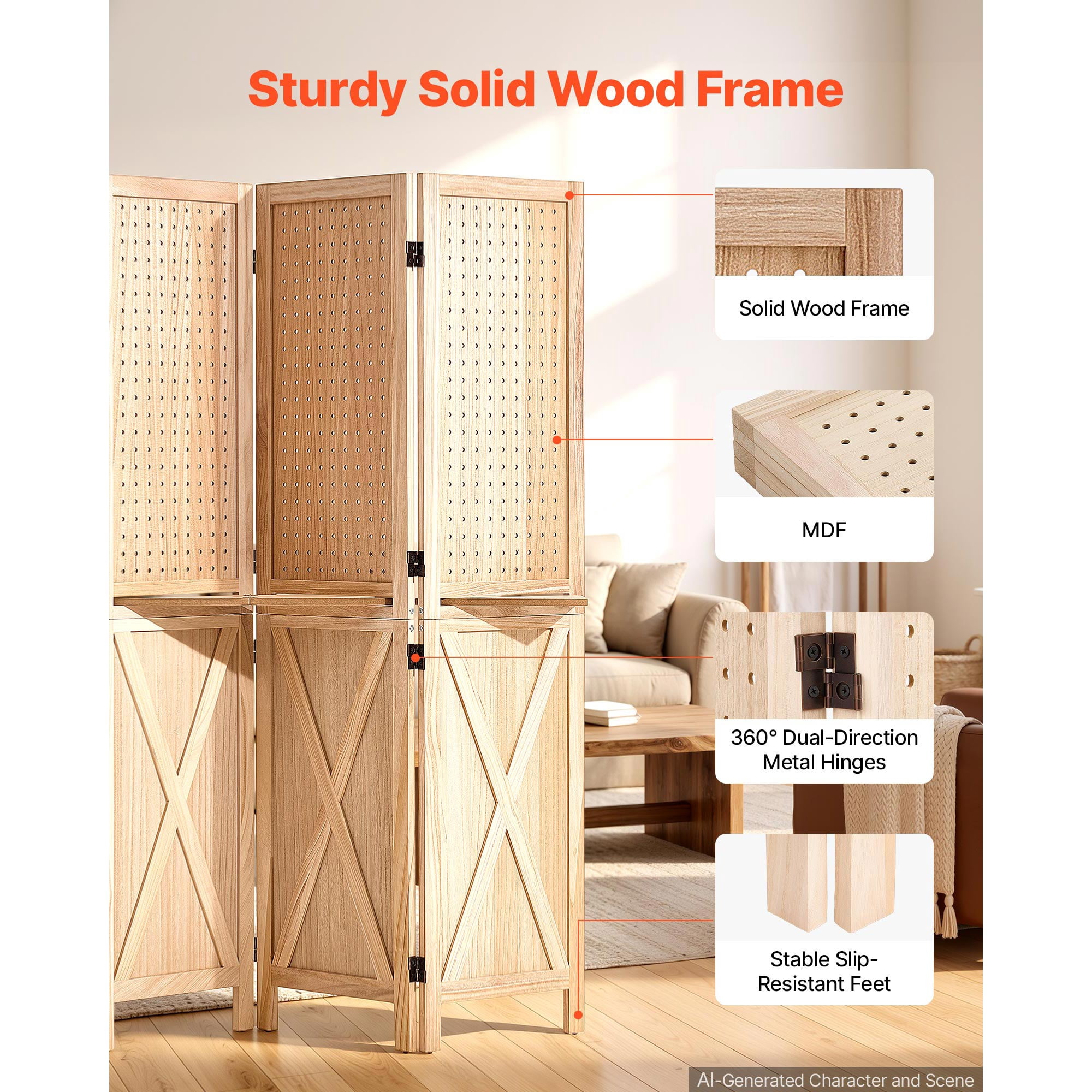 KFFKFF Wooden Room Divider Pegboard Folding Privacy Screen with Shelves, Ideal for Room Separation and Home Decoration, 4 Panels, Sturdy Frame with X Design, 360° Dual-Directional Hinges