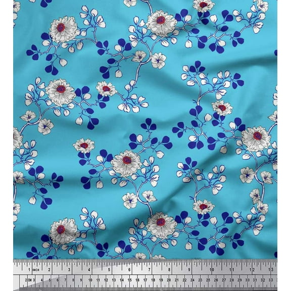 Soimoi Cotton Duck Fabric Leaves & Carnation Floral Printed Fabric 1 Yard 42 Inch Wide