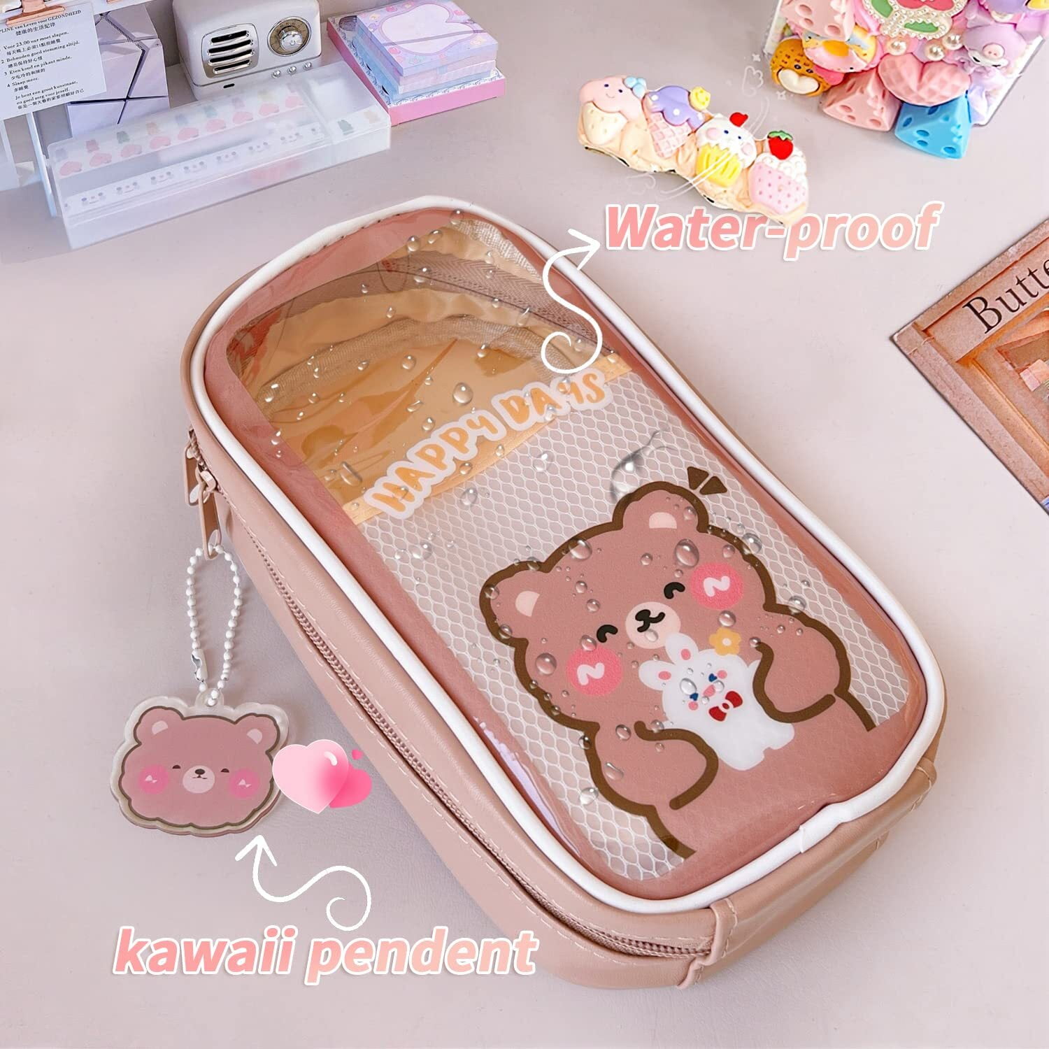 clberni Cute Brown Bear Pencil Case, Aesthetic Pencil Pouch, Kawaii School Supplies Makeup Bag for Girl Women Adult, Size: 8.54 x 4.52 x 2.36