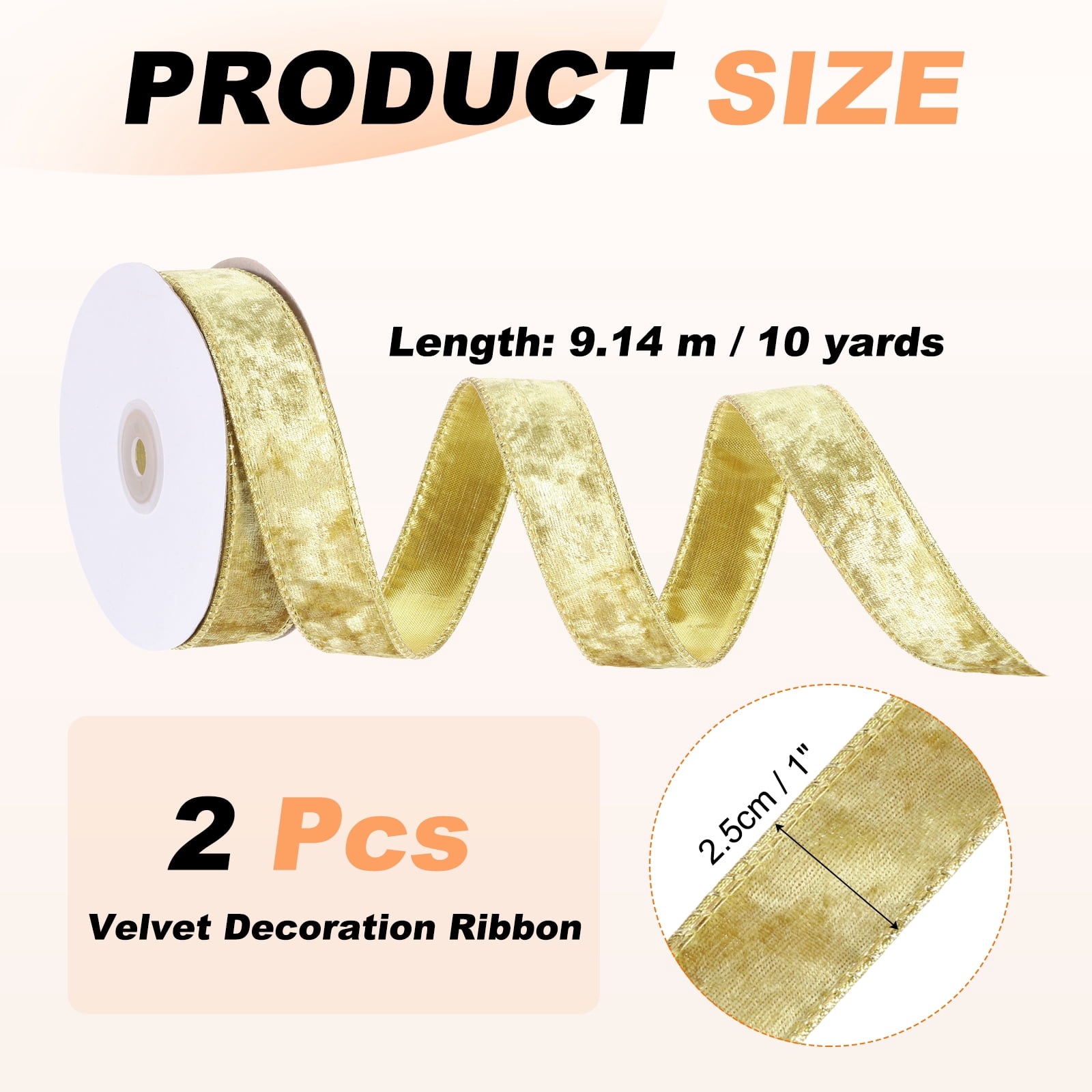 Uxcell Velvet Wired Ribbon, (1 Inch x 10 Yards, 2 Pcs)(Yellow) Velvety Gold Crushed Ribbons Gift Wrapping Binding, Suit For- Crafts/Bow/Wreaths/Christmas Tree Decoration
