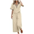 thumbnail image 3 of BiZtdJrK Womens Plus Size Loose Cotton Linen Set Mesh V Neck Short Sleeve Tops and Pants Lounge Sets Sexy Pajama 2 Piece Outfits, 3 of 6