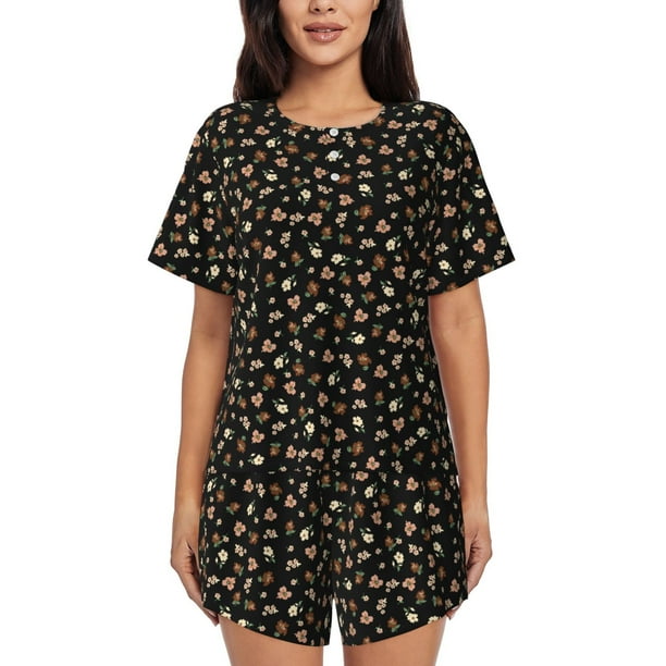 Fotbe Flower Pattern On Black Conjunto de Pijama Estampado para Mujer, 2 Piezas, Ropa de Dormir con Camiseta de Manga Corta y Shorts Suaves-Large