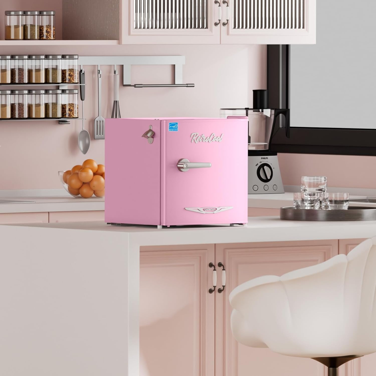 Upstreman 1.7 Cu.Ft. Retro Compact Refrigerator with Side Bottle Opener, Single Door Mini Fridge for Kitchen Office Apartment Dorm, Pink FR17 PRO