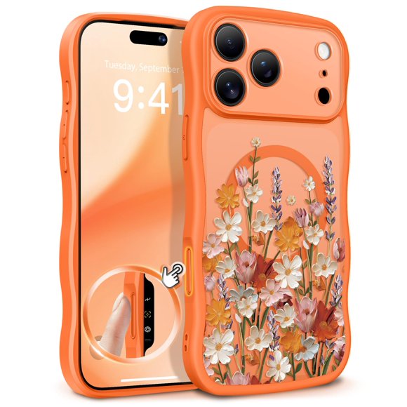 GVIEWIN Funda para iPhone 17 Pro MAX Compatible con MagSafe [Borde de Onda rizada] [protecci&oacute;n Completa de la c&aacute;mara] magn&eacute;tica Floral transl&uacute;cida a Prueba