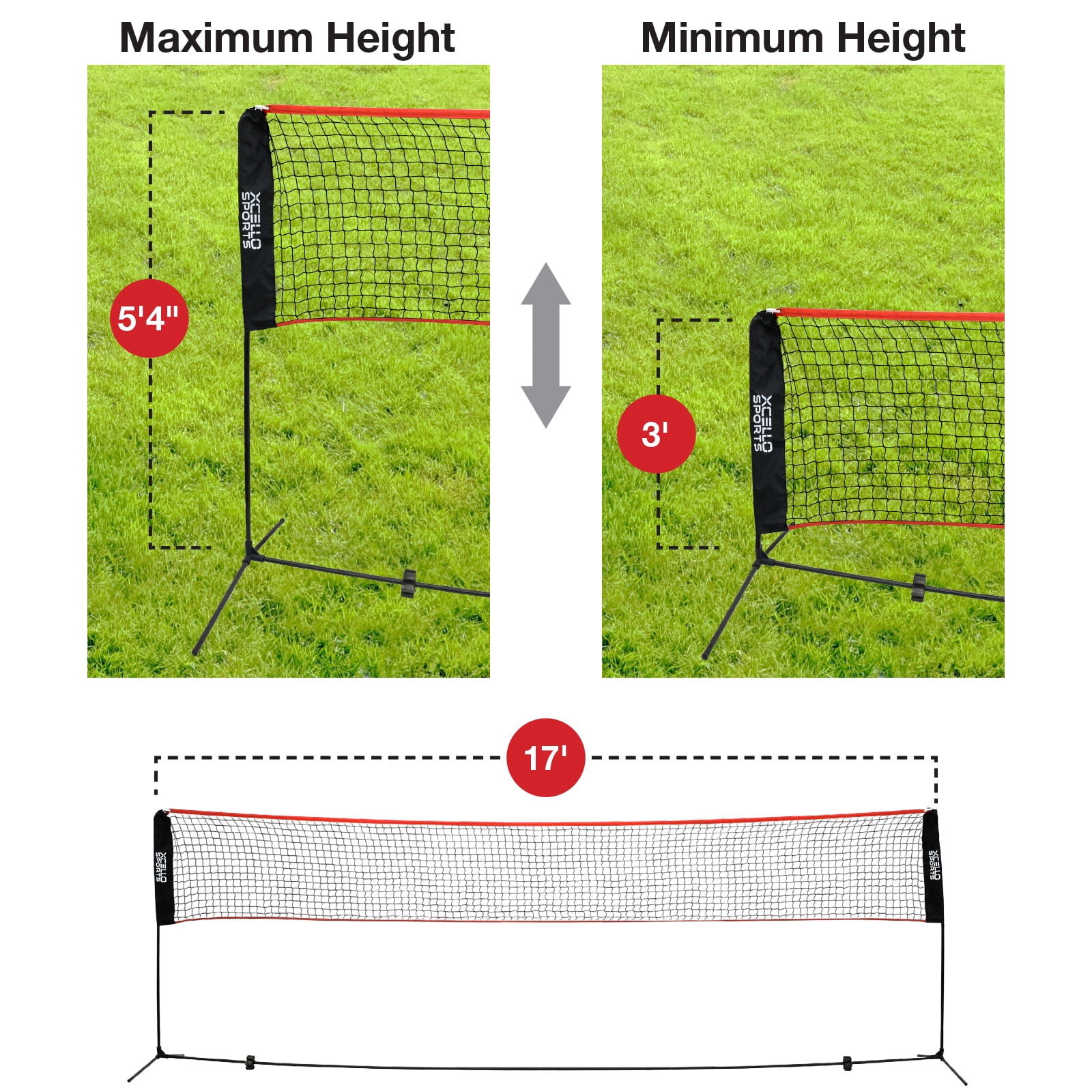 Xcello Sports Complete Badminton Sets for Backyard, Includes 17-foot Foldable Badminton Net, 4 Badminton Rackets, 6 Badminton Shuttlecocks and Carry Bag