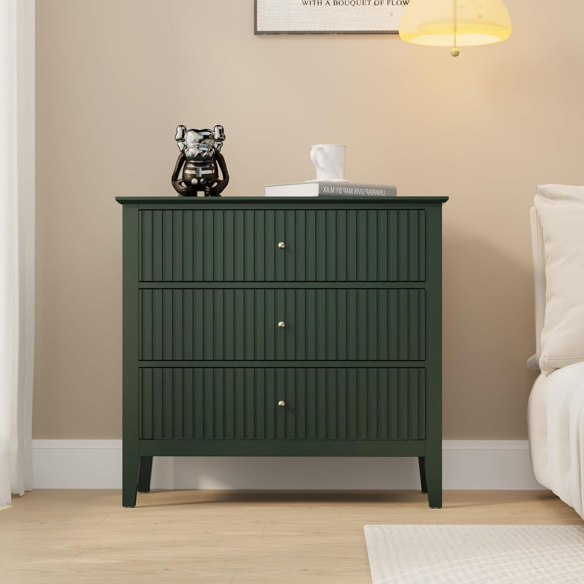 Cozy Home Green 3 Drawer Dresser, Painted 30" Nightstand with Storage, for Bedroom Hallway Living Room