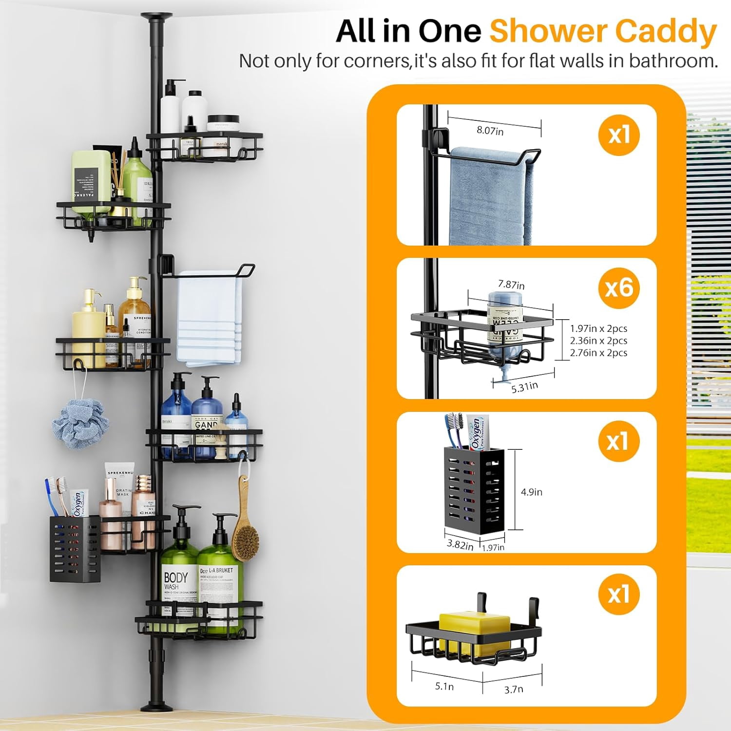 Corner Shower Caddy Organizer Tension Pole, Adjustable 6 Shower Shelves Corner Shelf 30-120Inch Rustproof Shower Rack for Inside Shower, Extra Towel Bar Soap Dish Bathroom Organizers and Storage
