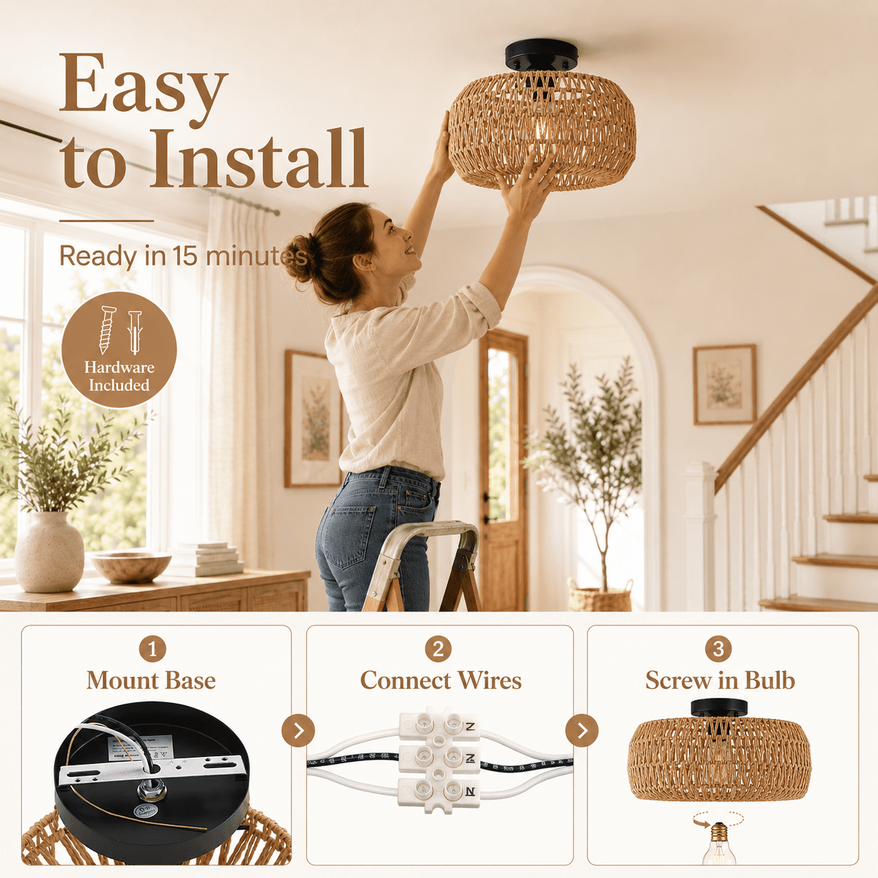 DONGPAI Boho Light Fixtures Ceiling Mount, 11.8" Rattan Mini Chandelier Hand Woven Wicker Semi Flush Mount Ceiling Light for Bedroom Kitchen Hallway Entryway Living Room (Bulb Included)