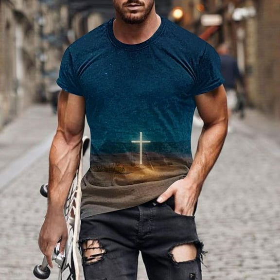 Muscularfit Blue Tops for Men Short Sleeve Graphic Crucifix Crew Neck T Shirts Mens Shirts Trendy Casual