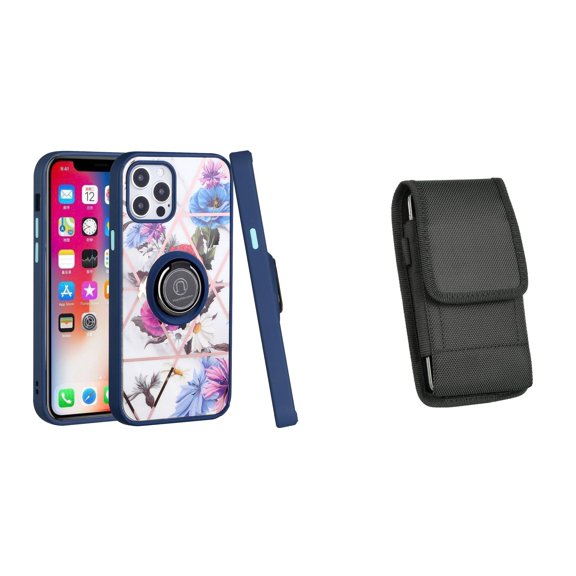 Bemz Ring Series Case for iPhone 14 Pro Max (TPU Silicone Cover with Magnetic Stand) and Vertical Nylon Belt Holster Pouch - Blue Purple Flowers