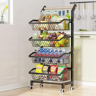 Wheeled snack cart 4-layer adjustable fruit rack Fruit and vegetable basket cart Wire storage cart Rolling pantry practical kitchen cart