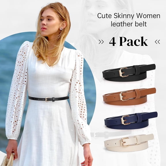 4pcs Leather Belts for Women, Thin Waist Belt with Gold Buckle for Jeans Dresses Pants
