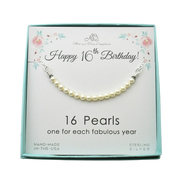 16th Birthday Gift. Crystal Pearl Bar Necklace on an 16 Inch Sterling Silver Cable Chain. Pearl Jewelry