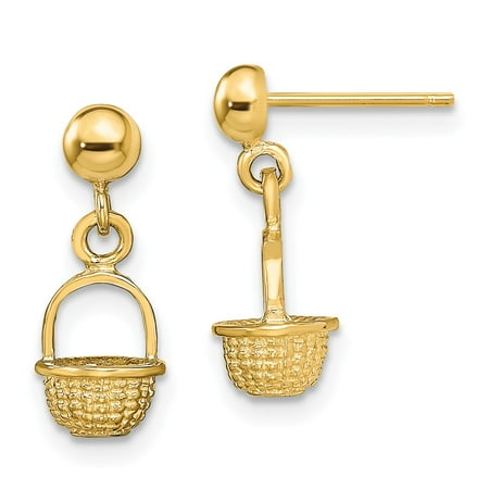 Solid 14k Yellow Gold 3-D MINI BASKET DROP Dangle Earrings - 16mm x 6mm