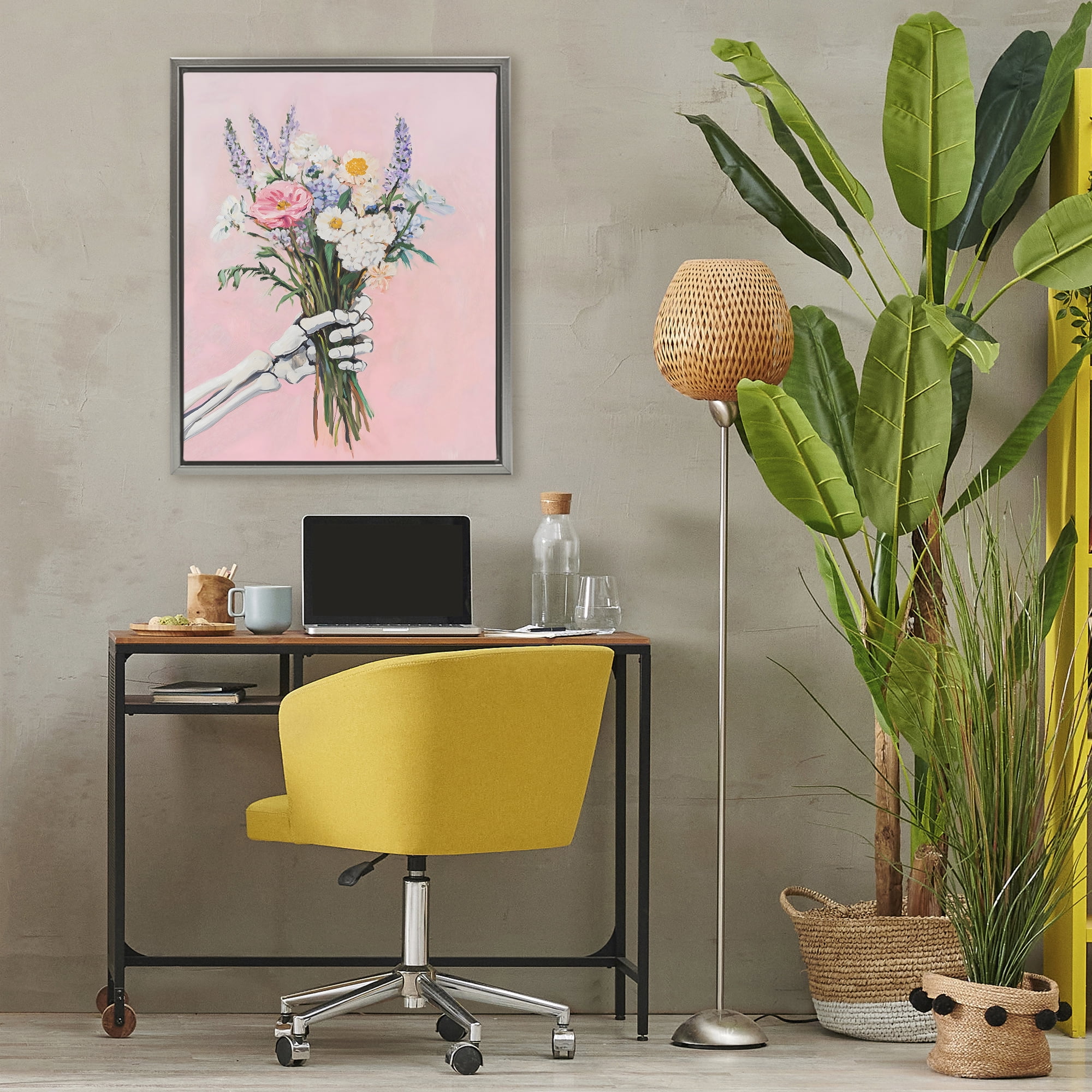 Stupell Industries Skeleton Hand Holding Flowers Gray Framed Floater Canvas Wall Art, design by The Prints Vibe