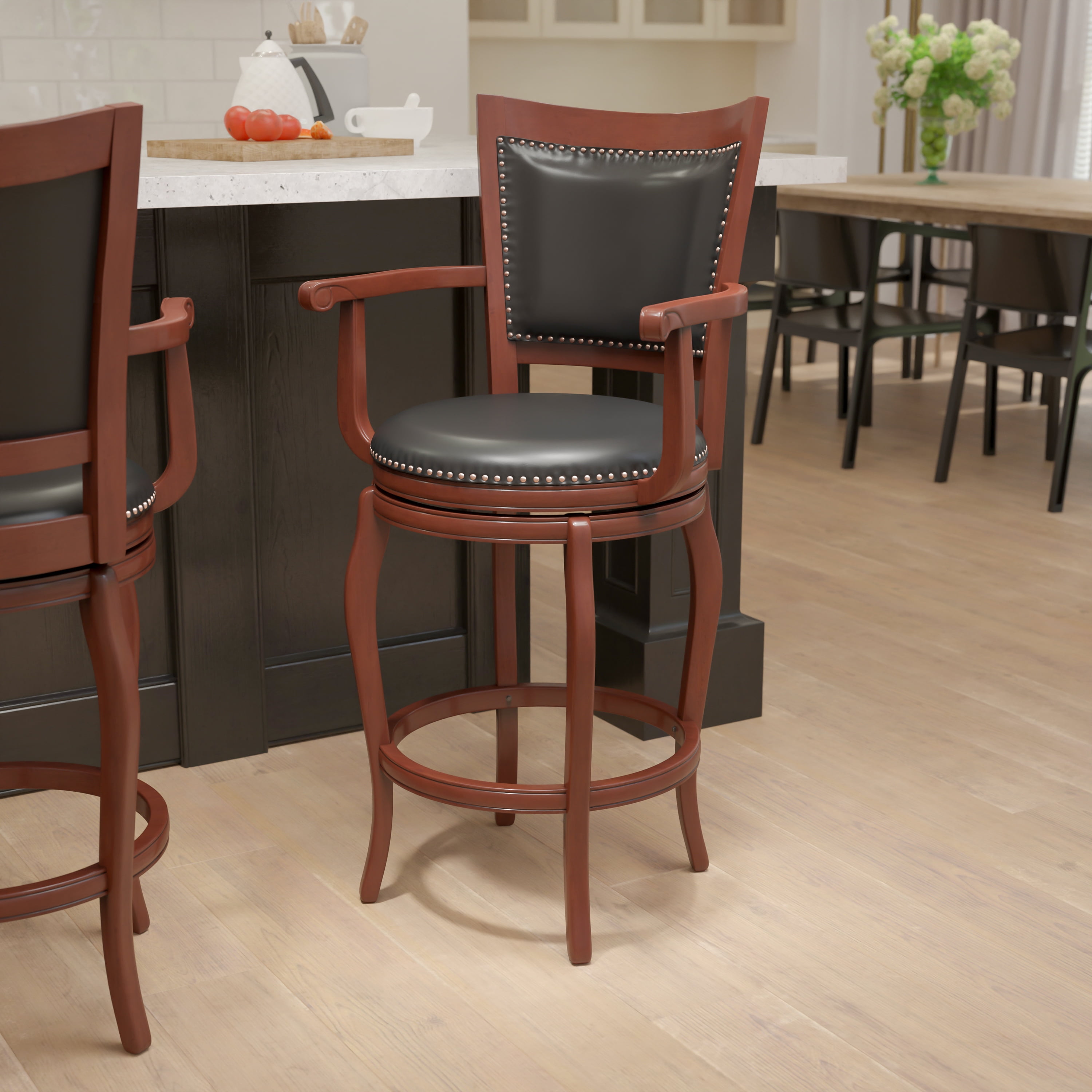 Flash Furniture 30'' High Cherry Wood Barstool with Arms, Panel Back