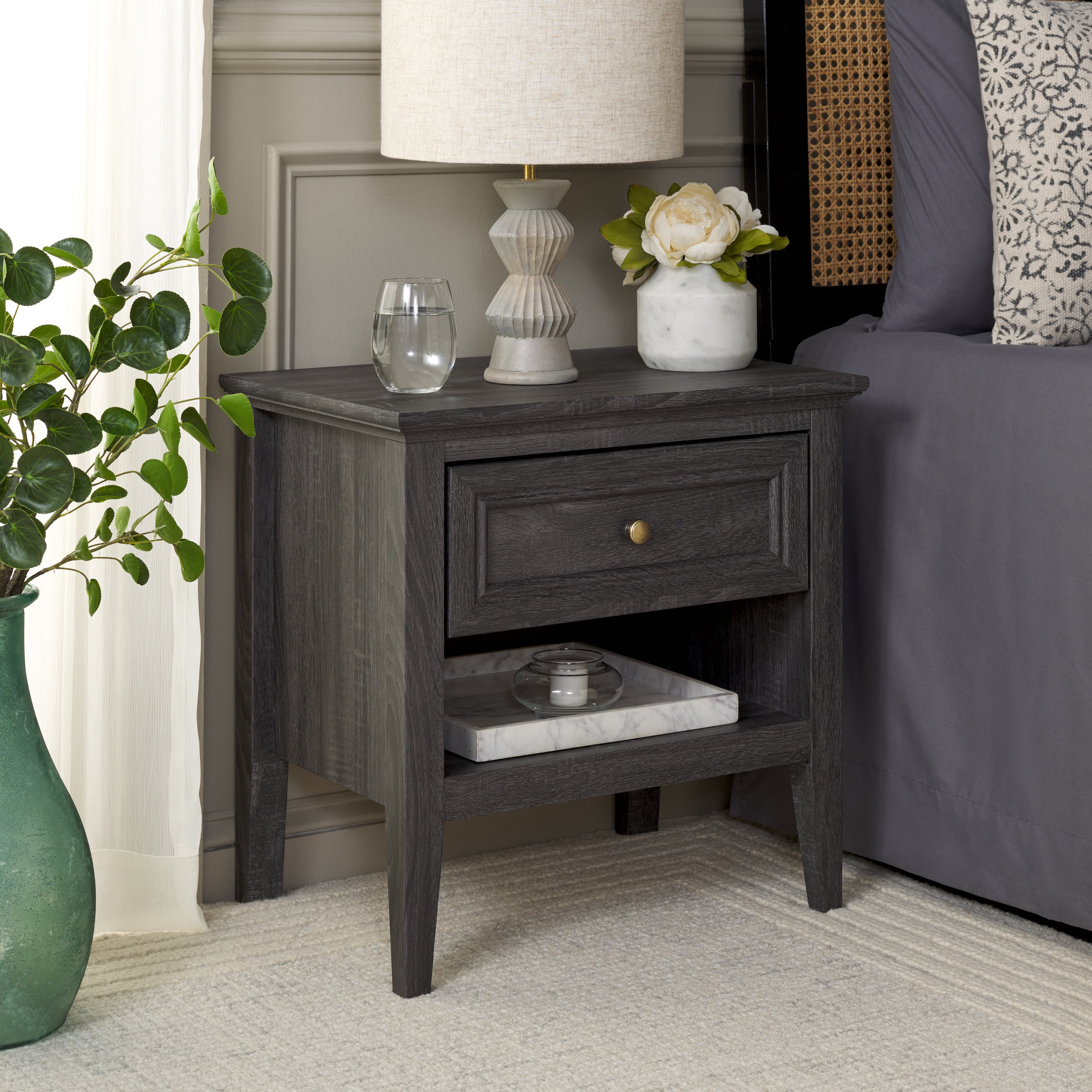 SAFAVIEH Sondra Traditional 2 Drawer Nightstand,Distressed Black/Gold